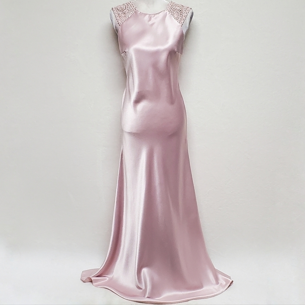 VINTAGE 90s 1001 Nights Blush Pink Satin Crochet Panel Lace-up Back Maxi Dress 6 - Picture 4 of 16